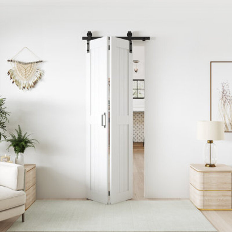 84 Manufactured Wood Paneled Bifold Sliding Barn Door with Installation Hardware Kit