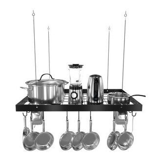 Hanging Ceiling Pot Rack 30 Inches Iron Rectangle for Kitchen with 15 S Hooks Matt Black