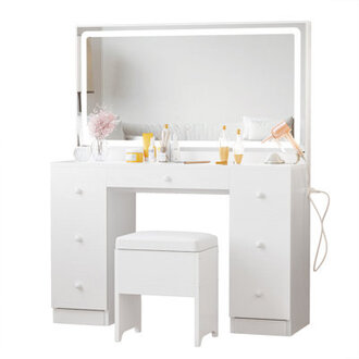 Makeup Vanity Desk with LED Lighted Mirror  Power Outlet  7 Drawers