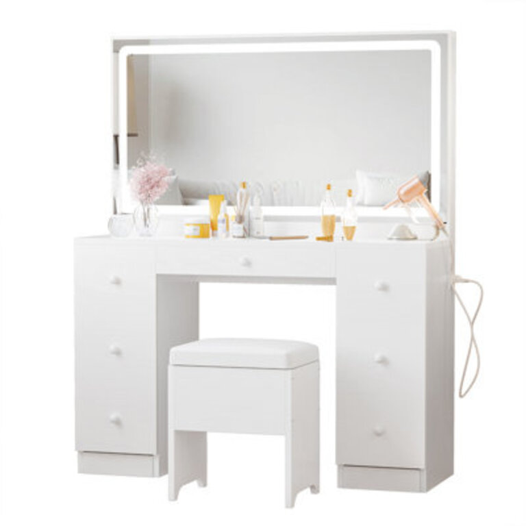 Makeup Vanity Desk with LED Lighted Mirror  Power Outlet  7 Drawers