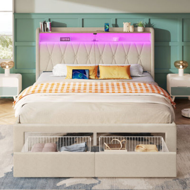 Bed Frame with RGB LED Lights Upholstered Bed with Drawers and Charging Station