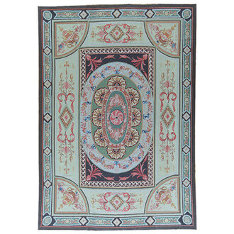 Aubusson Hand-Woven Wool GreenBluePink Area Rug