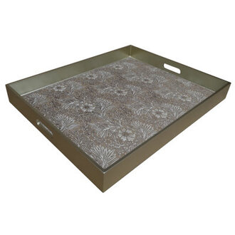 Handmade Reverse Painted Mirror Tray with Handles in Beige Floral