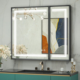 Kassady Recessed  Surface LED Lighted Bathroom Medicine Cabinet 3-Color 2 Outlets Defog Mirror