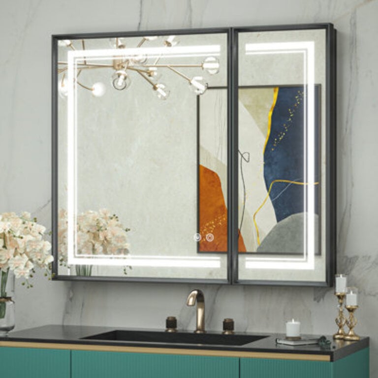 Kassady Recessed  Surface LED Lighted Bathroom Medicine Cabinet 3-Color 2 Outlets Defog Mirror