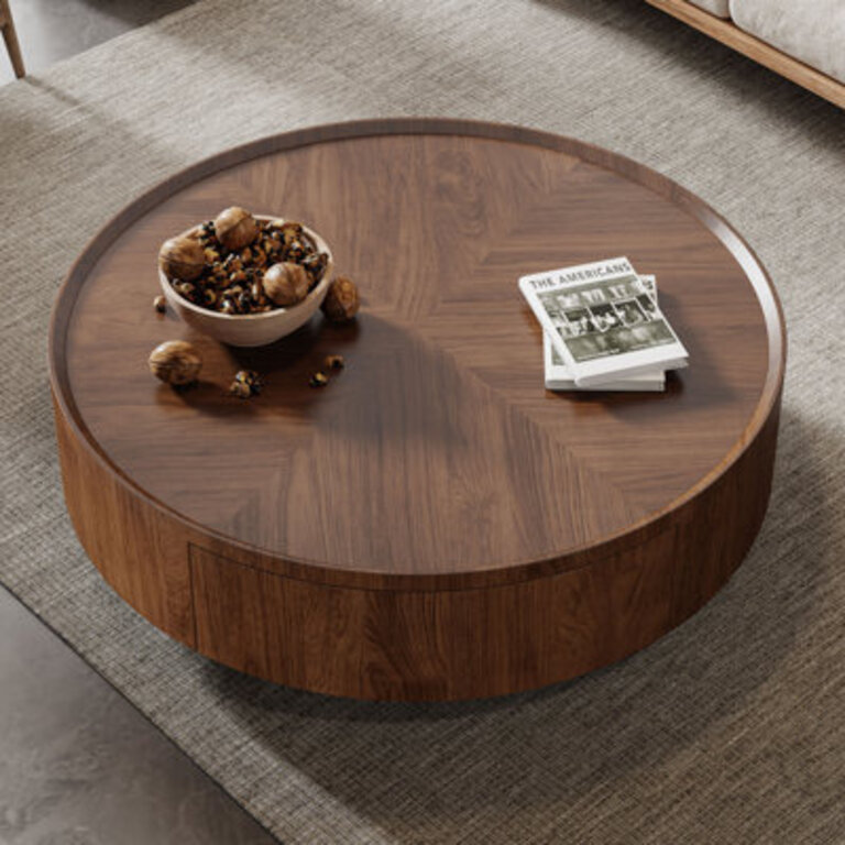 Crantor Round Coffee Table with 2 Storage Drawers Walnut Wood Grain Pattern Living Room Coffee Table