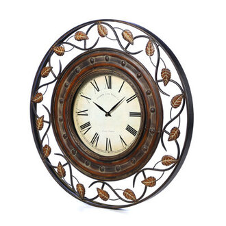 Metal Medallion Leaf Decorative Wall Clock with Scrolled Vines and Floral Accents