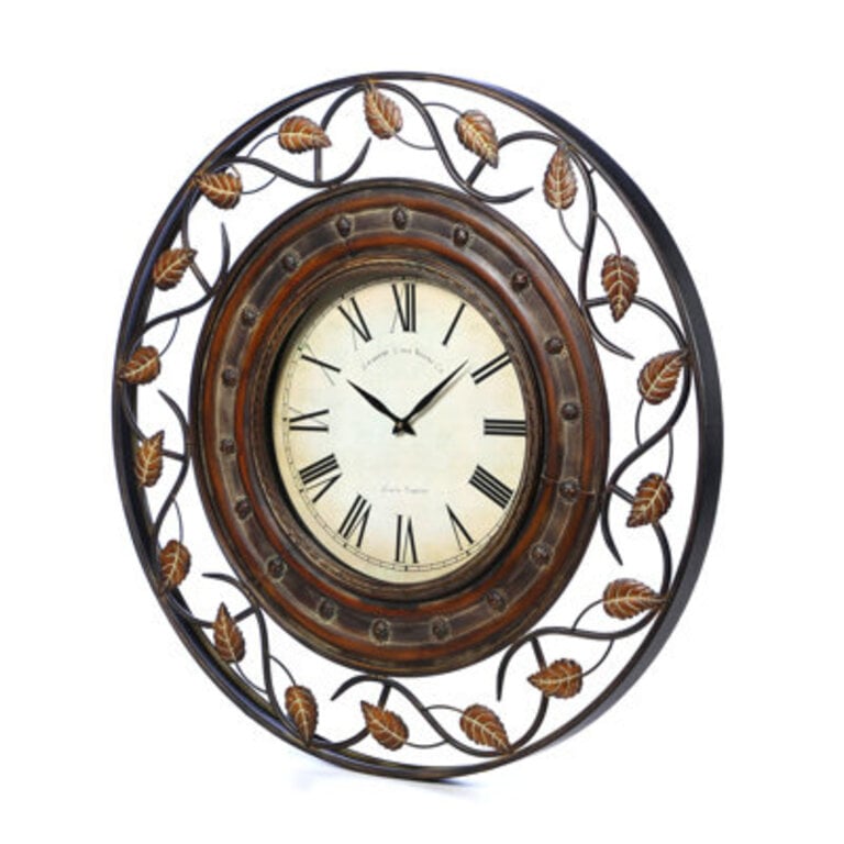 Metal Medallion Leaf Decorative Wall Clock with Scrolled Vines and Floral Accents