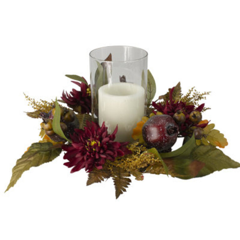 22 Mums with Pomegranate Fall Candle Holder Centerpiece