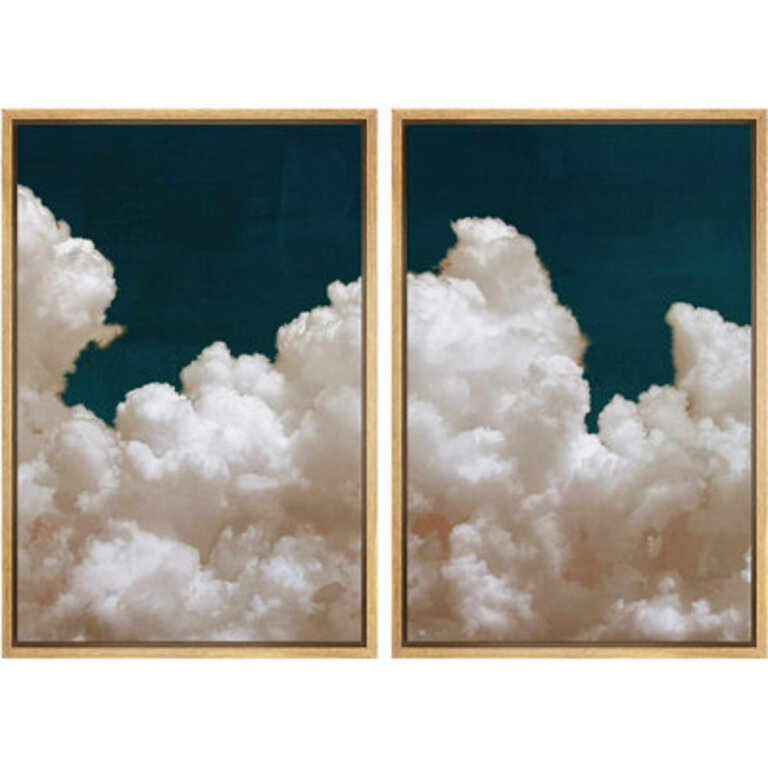 Pastel Cloud Navy Blue Sky Nature Modern Wall Art Framed On Canvas 2 Pieces Painting Print
