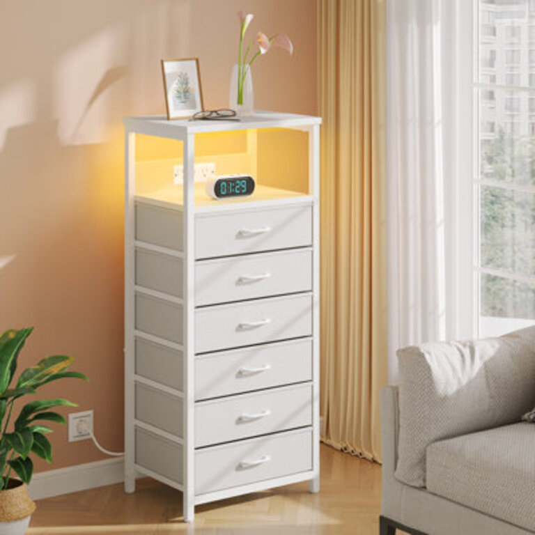 Nightstand with Charging Station Bedside Table with LED Lights Storage End Table for Living Room