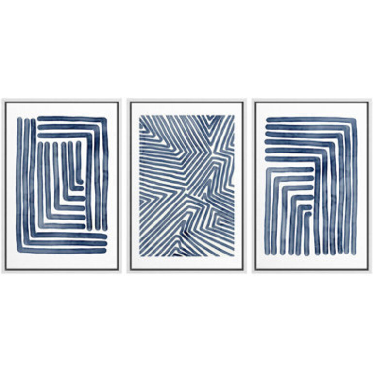 Geometric Line Navy Blue Stripe Abstract Artwork Simple Modern Contemporary Bedroom Wall Pictures Large Framed Canvas Giclee Print 3 Pieces Wall Art Set