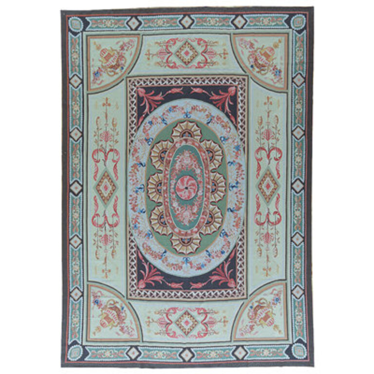 Aubusson Hand-Woven Wool GreenBluePink Area Rug