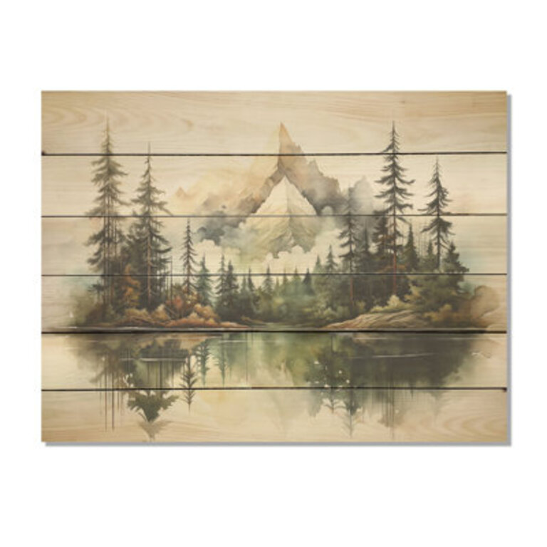 Watercolor Mountain Dreamscape - Mountains Wood Wall Art On Natural Pine Wood