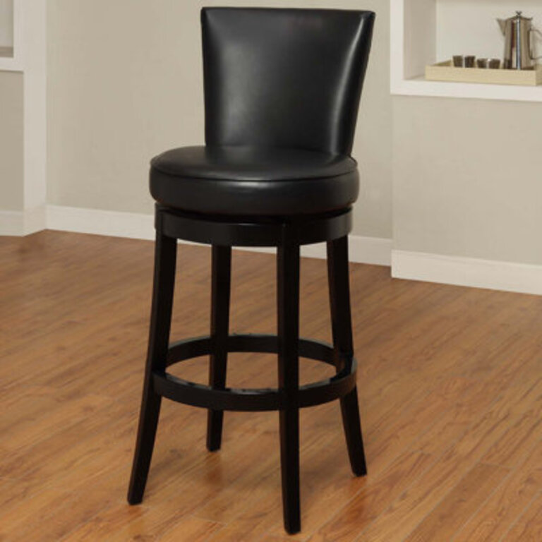 Alesja Swivel Counter or Bar Height Armless Bar Stool with Footrest in Faux Leather and Black Wood