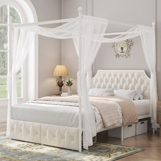 Artevious Upholstered Metal Canopy Storage Bed