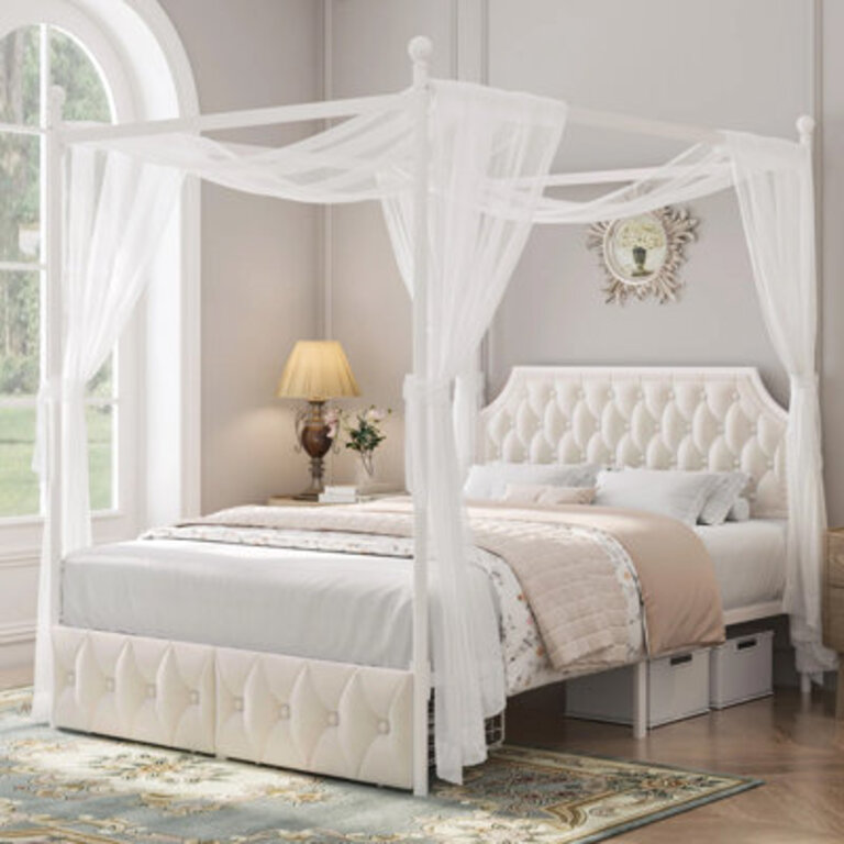 Artevious Upholstered Metal Canopy Storage Bed