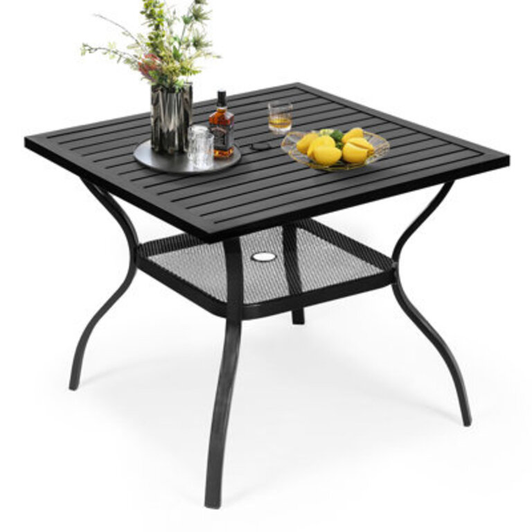 Jayc Square Steel Outdoor Dining Table with 165 Umbrella Hole Slatted Tabletop and Storage Space