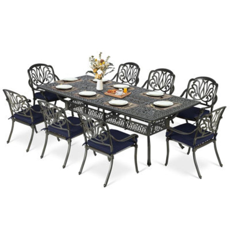 9-Piece Outdoor Patio Dining Set For 8 All Weather Cast Aluminum Patio Funiture Table And Chairs Set- 945 Rectangular Table And 8 Chairs For Garden 2 Umbrella Hole