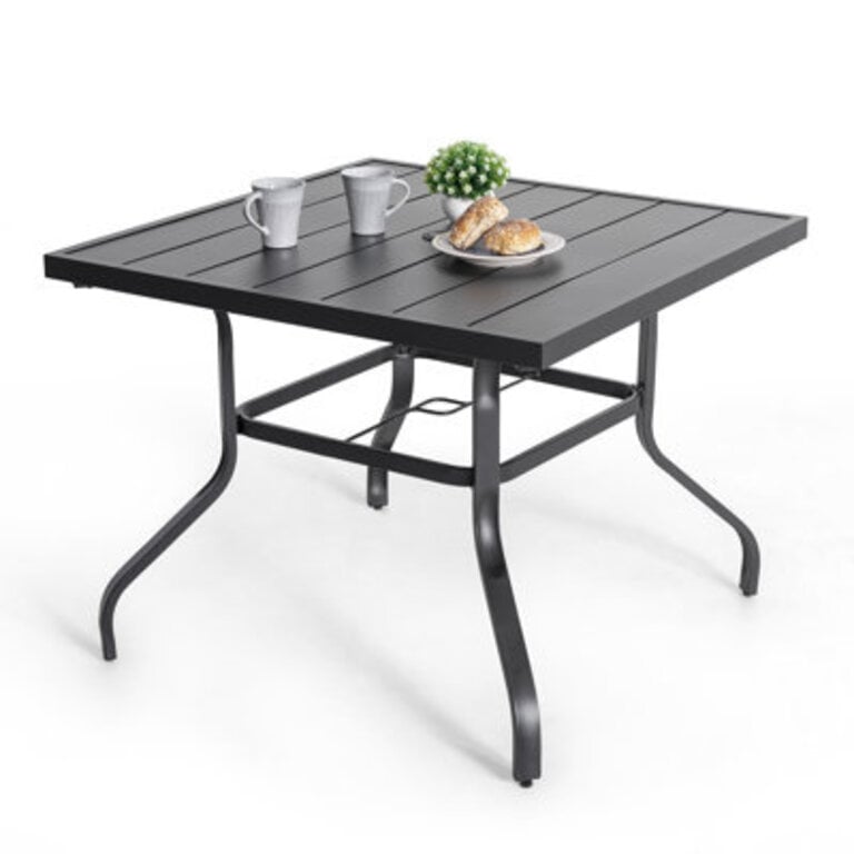 Outdoor Square 37 Inch Iron Long Dining Table with 157 Umbrella Hole Slatted Tabletop and Powder-coated Iron Frame for Patio