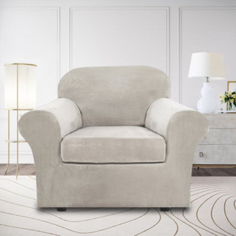 Rich Velvet Stretch 2 Pieces Box Cushion Armchair Slipcover with 1 Cushion Cover Furniture Protector Couch  Machine Washable