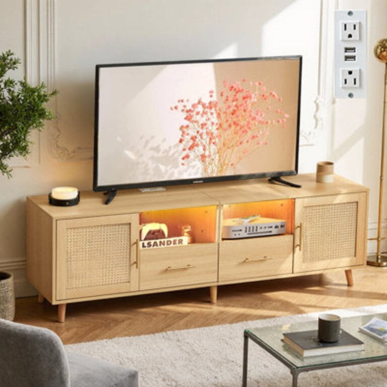 Heyer Large Wood Rattan TV Stand for TVs up to 75 with LED Light and Charging Station Coastal Media Console Table Multimedia Storage Furniture with 2 Drawers Lighting TV Cabinet