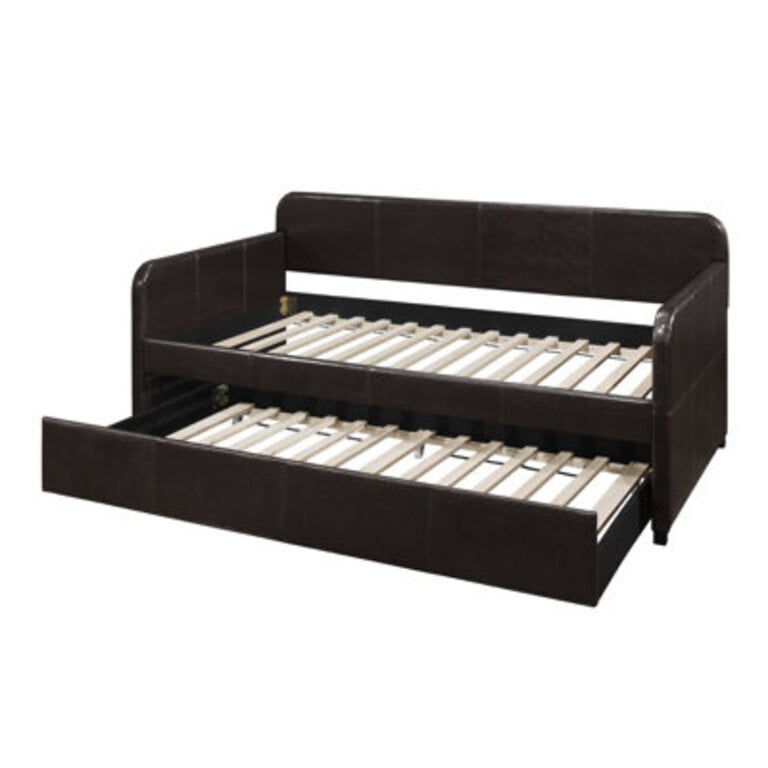 Daucourt Tiara Upholstered Daybed with Trundle Box B Back Rest Rails Slat Support Castor Hardware