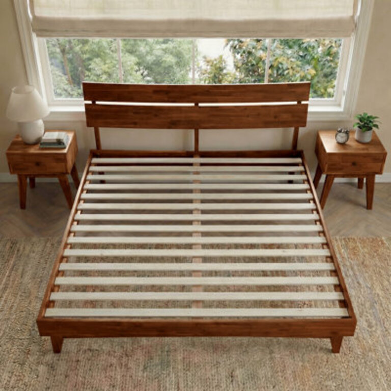 Acacia Aurora Premium Solid Wood Platform Bed Frame and High Headboard Bed Frame with Headboard Included Mid Century Modern Bed Frame