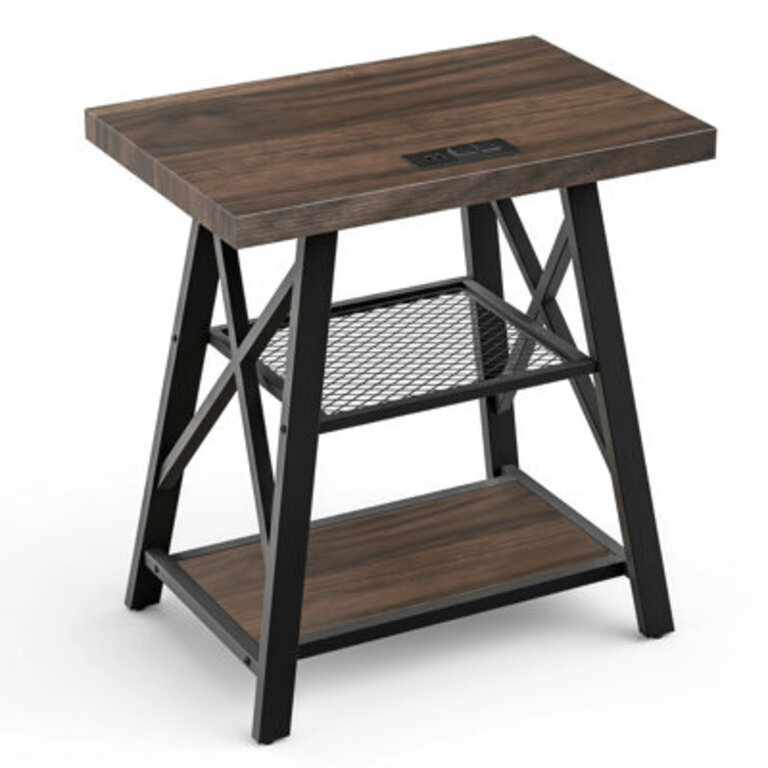 Stokesvale Tall End Table Nightstand with 2 USB Ports 2 Power Outlets and 2 Storage Shelves