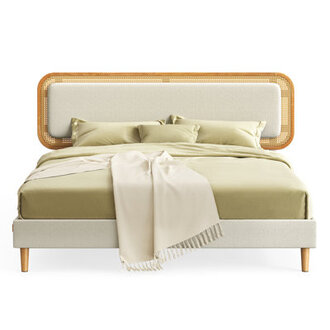 Delaylah Bed Frame with Rattan-Like Adjustable Upholstered Headboard Boho Style