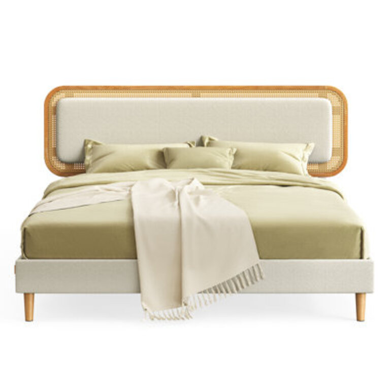 Delaylah Bed Frame with Rattan-Like Adjustable Upholstered Headboard Boho Style