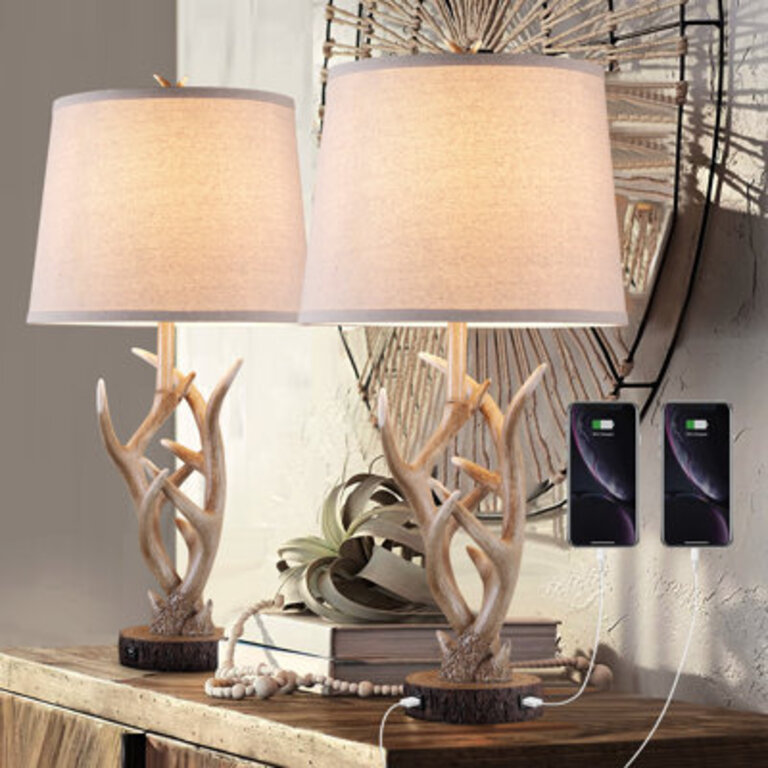 26 Rustic Farmhouse Resin Antler Table Lamp with USB Ports