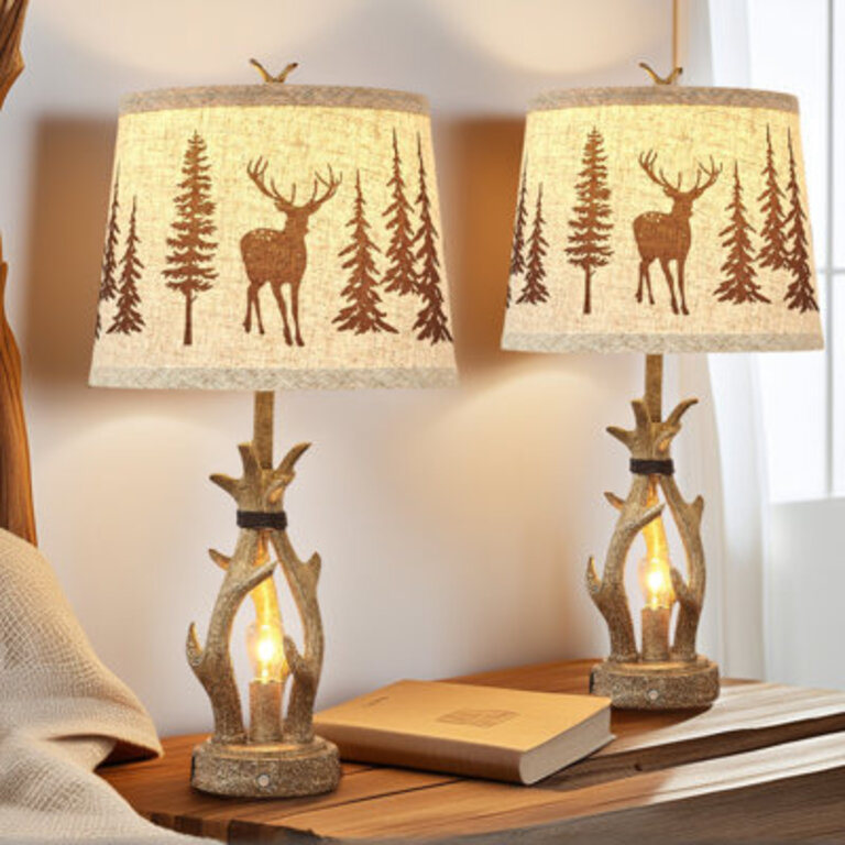 26 Resin Antler Table Lamp with Charging Ports  3-Way Dimmable Nightlight