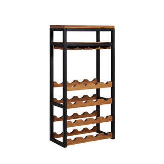 Thrailkill real Acacia Hardwood 16 Bottle Floor Wine Bottle and Glass Rack Powder Coated Steel in BlackBrown