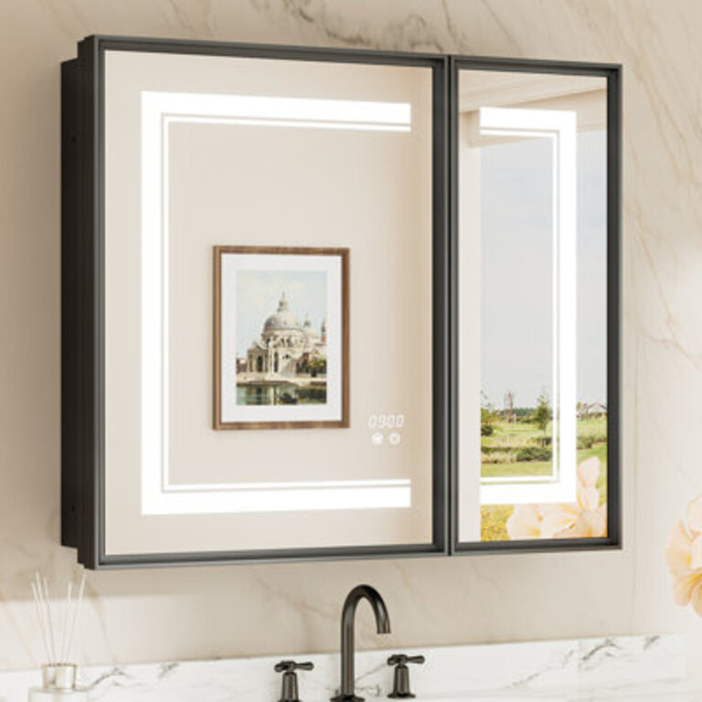 Kassady Recessed  Surface LED Lighted Bathroom Medicine Cabinet 3-Color 2 Outlets Defog Mirror