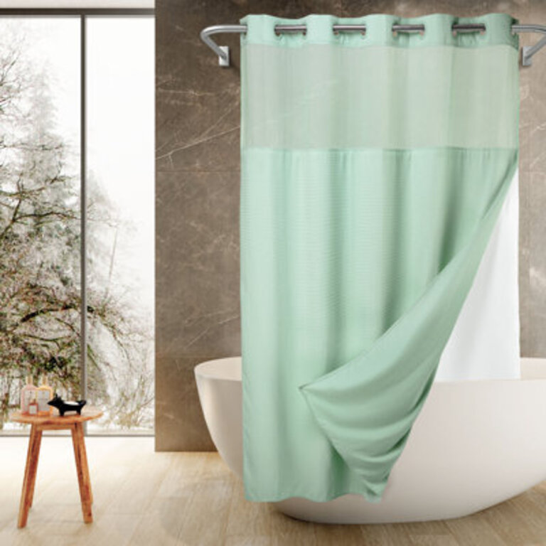 Ramjani Waffle Weave Shower Curtain With Snap in Liner Sheer Window