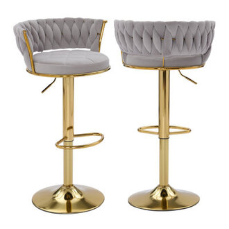 Abraham Velvet Upholstered Bar Stools with Woven Backrest Height Adjustable Counter Stools with Low Back Swivel Kitchen Stools for Kitchen Island Bar Pub