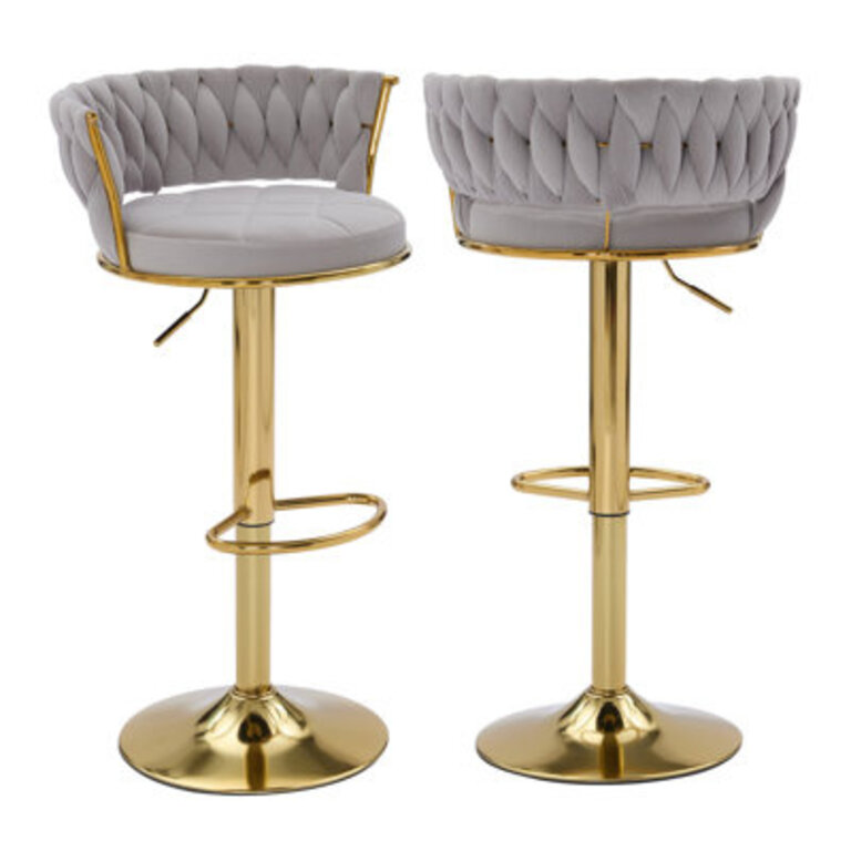 Abraham Velvet Upholstered Bar Stools with Woven Backrest Height Adjustable Counter Stools with Low Back Swivel Kitchen Stools for Kitchen Island Bar Pub