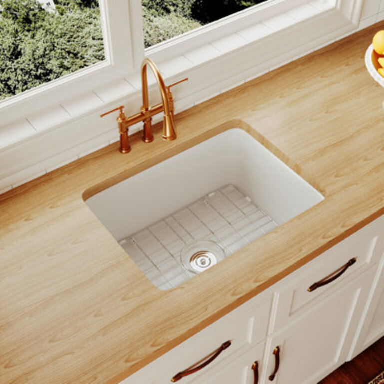 24 L x 19 W Rectangular White Fireclay Undermount Kitchen Sink with Basket Strainer and Sink Grid
