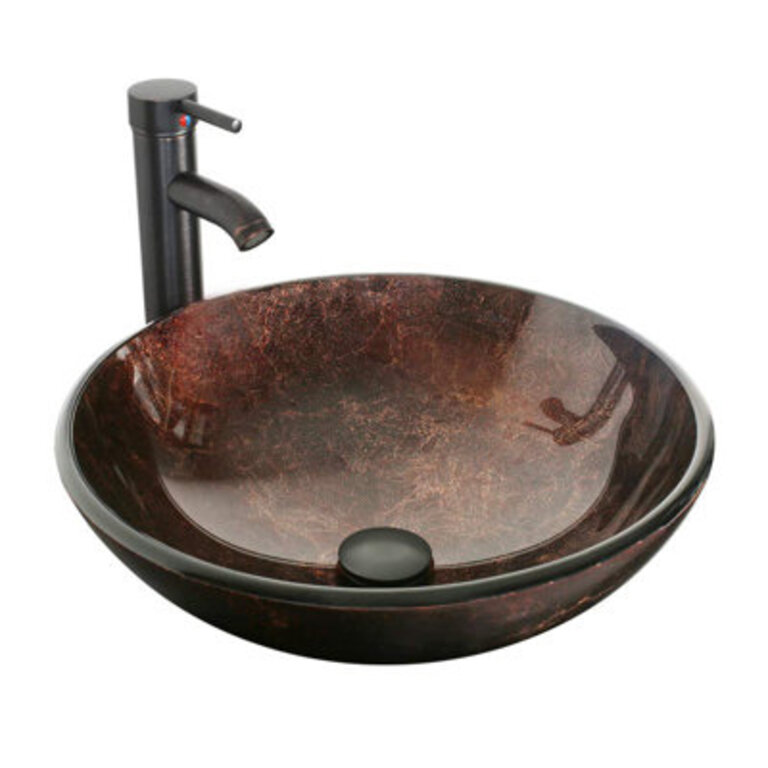 ECLIFE Manrique 165 Brown Tempered Glass Circular Bathroom Sink with Faucet