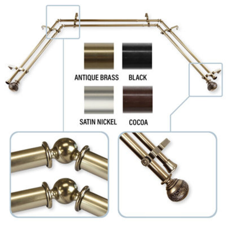 Solon Steel RodResin Finials Adjustable Bay Window Double Curtain Rod