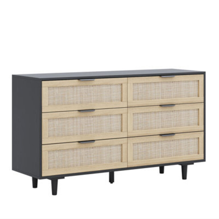 Aimara 51 Rattan 6 Drawer Dresser for Bedroom Boho Wood Dresser with Gold Handles  Wood Legs