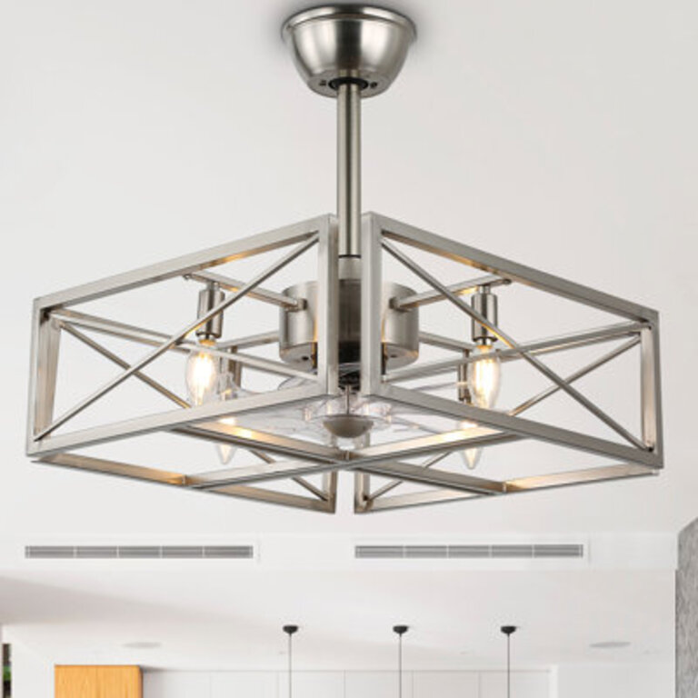 Bacalar 36 Brushed Steel Frame Cubic Industrial Ceiling Fan with Remote Control