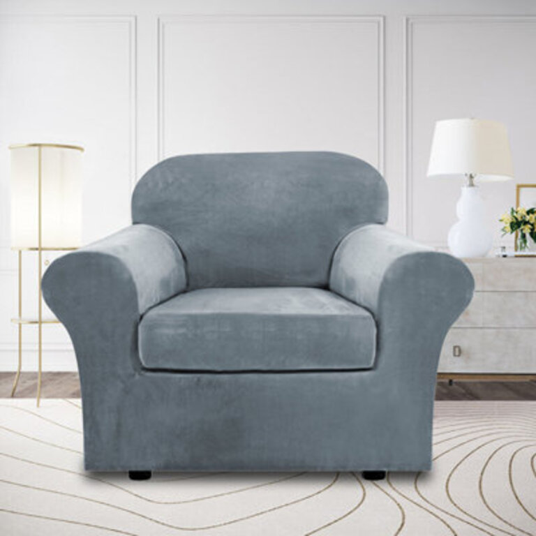 Rich Velvet Stretch 2 Pieces Box Cushion Armchair Slipcover with 1 Cushion Cover Furniture Protector Couch  Machine Washable