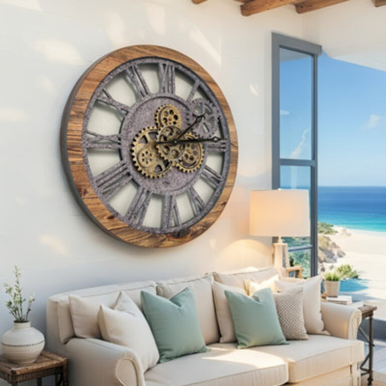 Wall Clock 24 Round Oversized for Living Room decor with Real Moving Gears America Collection