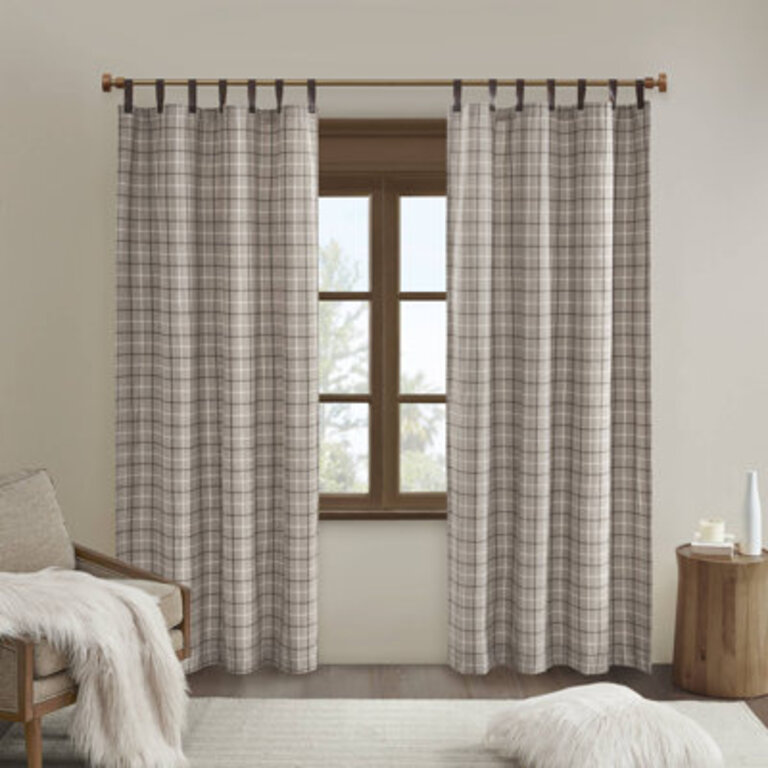 Anaheim Plaid Faux Leather Tab Top Single Curtain Panel with Fleece Lining