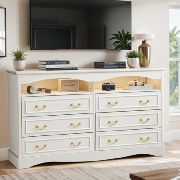 5512W Modern 6 Drawer Dresser Chest Wide Double Dresser With Light Vintage Farmhouse Wood Closet Dresser Storage Organizer French Country Chest of Drawers for Bedroom TV Stand for Living Room