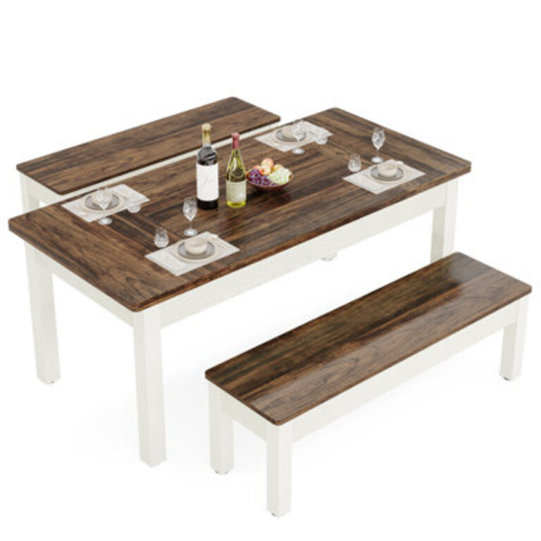 3 Piece Farmhouse Wood Dining Table Set With 2 Benches