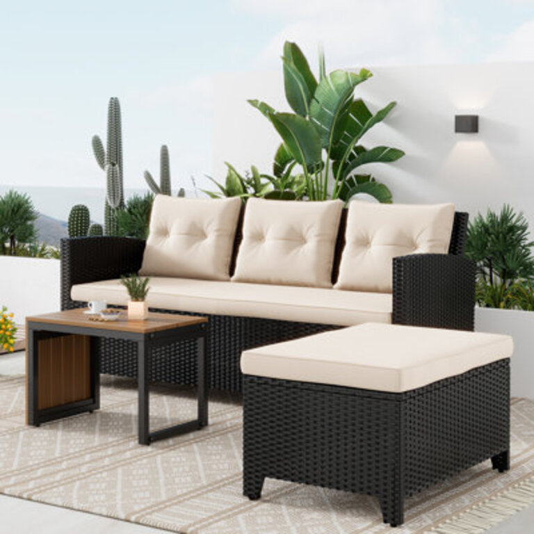 3-Piece All-Weather PE Wicker Patio Conversation Set Modular Outdoor Sectional Sofa Patio Furniture sets with Cushions for Small Patios Balcony  Poolside
