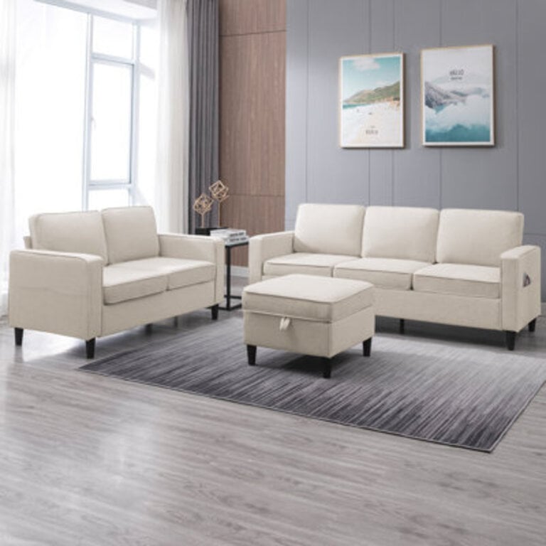 3 Piece Living Room Set with Storage Ottoman